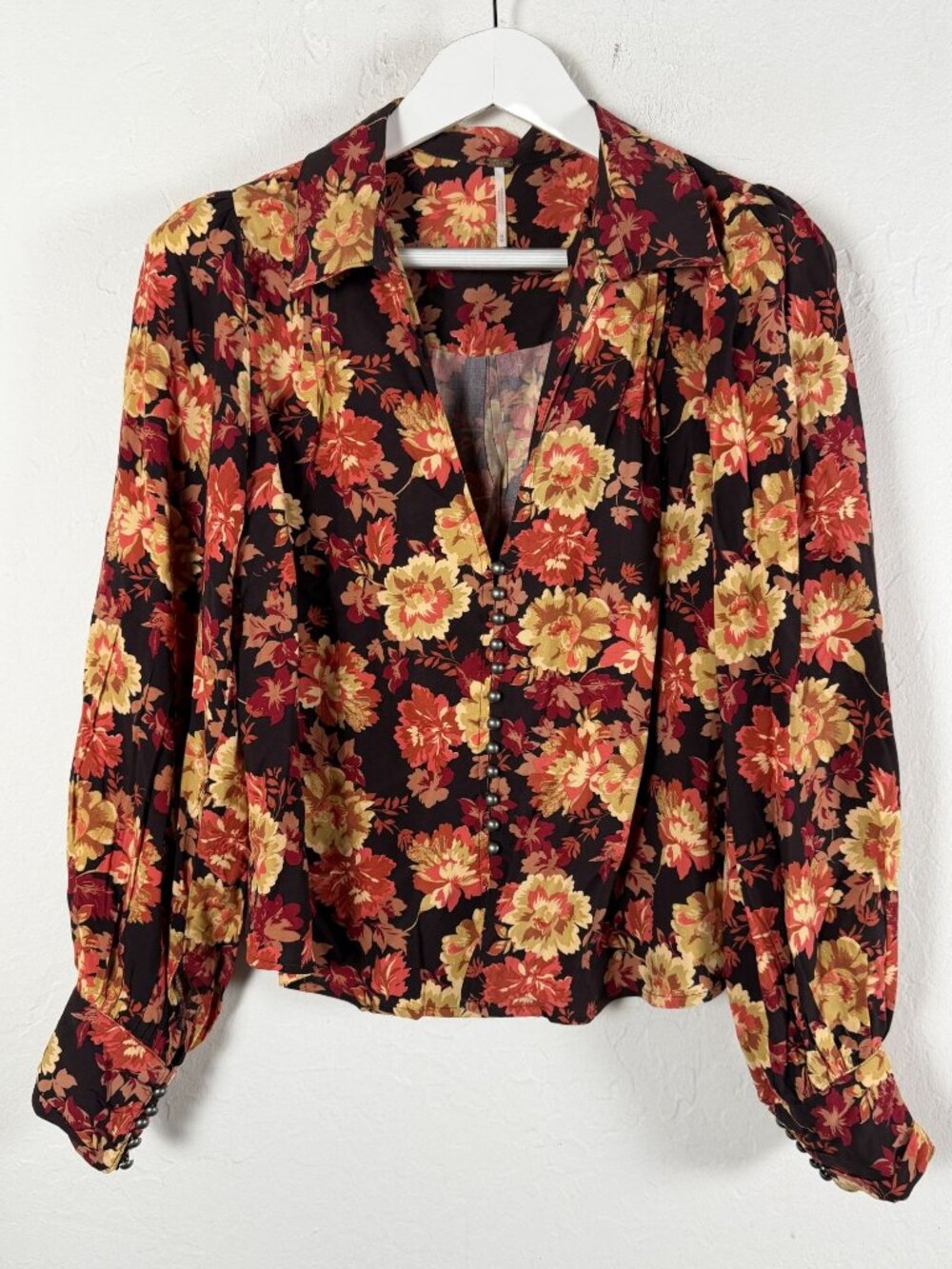 Free People Womens Floral Button Up Blouse Top Medium Orange Balloon Sleeve Boho